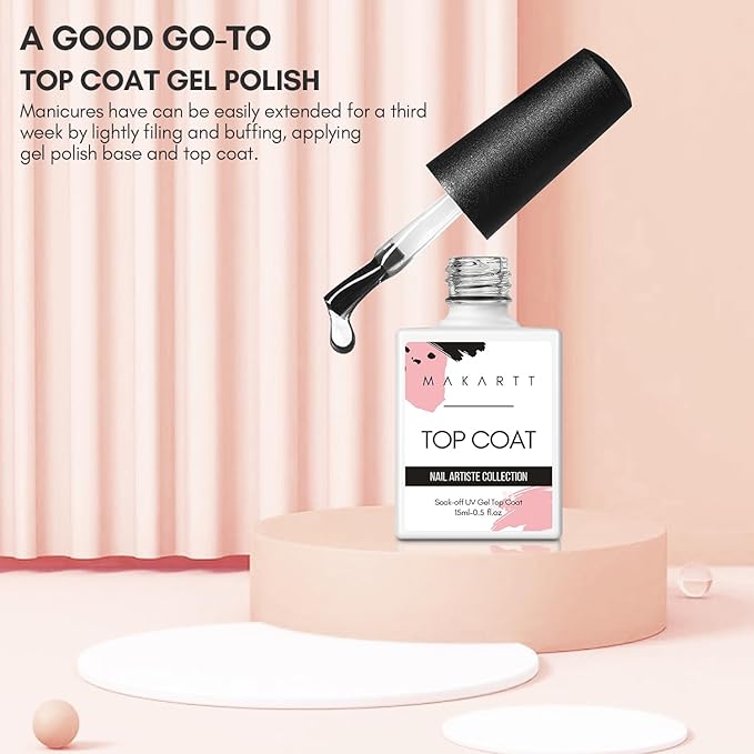 Makartt Gel Top Coat No Wipe, 15ML Clear Top Coat Gel Nail Polish, High Gloss Shine Finish Long Lasting Soak Off UV Nail Lamp Need for Acrylic Nails, Salon Quality Home DIY Manicure