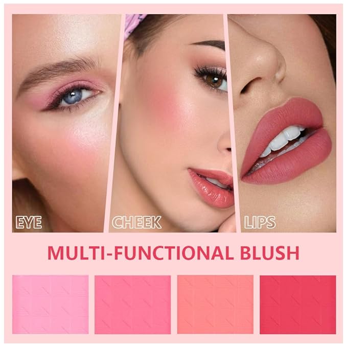 Quads Blush Makeup Palette, Matte Pressed Powder Blushes Palette, Lip & Face Paint Palette for Women, Lasting Light Pink & Hot Pink Peach and Deep Red, Platillo de rubores de cuatro colores