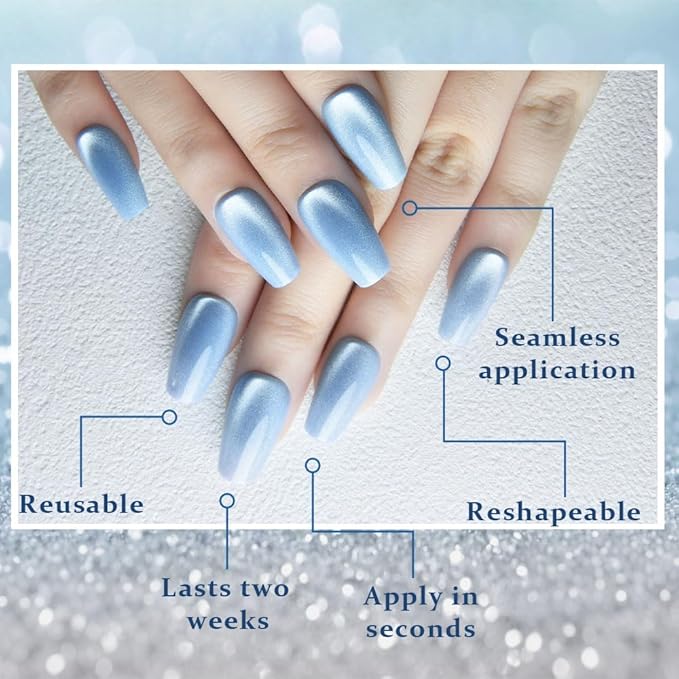 evpct Light Blue Cat Eye Coffin Press on Nails Square Medium, Medium Square Glue on Nail for Women, Light Blue Metallic Glitter Glossy Reusable Summer Soft Gel Press on Acrylic Fake Nail with Designs