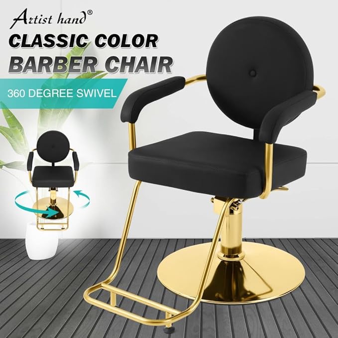 Artist hand Salon Chair for Hair Stylist, Hydraulic Barber Chair 360° Swivel Hair Stylist Chair, Thick Seat with Foot Rest Comfortable Salon and Spa Beauty Equipment Black and Gold