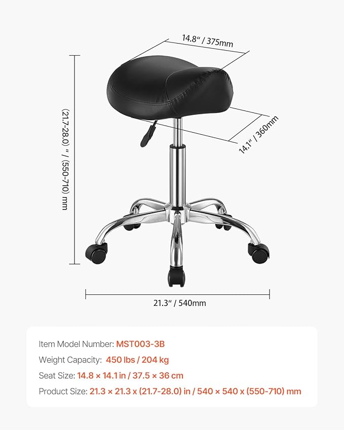 VEVOR Saddle Stool with Wheels, 450 LBS Weight Capacity Ergonomic Rolling Stool, Height Adjustable Thickened PU Leather Swivel Saddle Chair for Salon, Spa, Massage, Tattoo, Clinic, Black