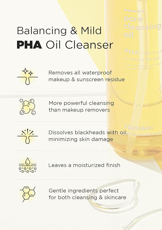 Hanskin Pore Cleansing Oil, Oil Cleanser for Face, Makeup Blackhead Sebum Remover, Korean Deep Pore Cleanser for Sensitive Skin [PHA] (10.14 oz)