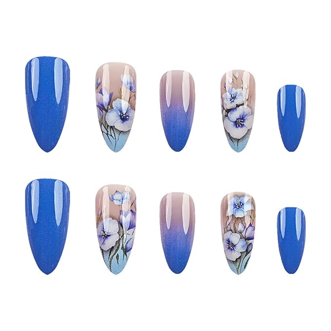 Flowers Press on Nails Medium Almond Fake Nails Blue Floral False Nails Ombre Acrylic Nails with Designs Gradient Artificial Nails for Women Girls Manicure Art Decoration