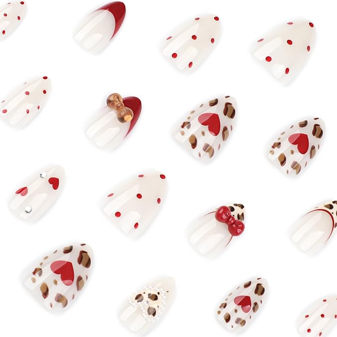 Nude Almond Press On Nails Short, Cute Fake Nails with Red 3D Bow Heart Leopard Pearl & Rhinestone Detail, Glossy Gel Finish Acrylic Nails, Party Reusable Glue On Nails Kit for Women, 24Pcs