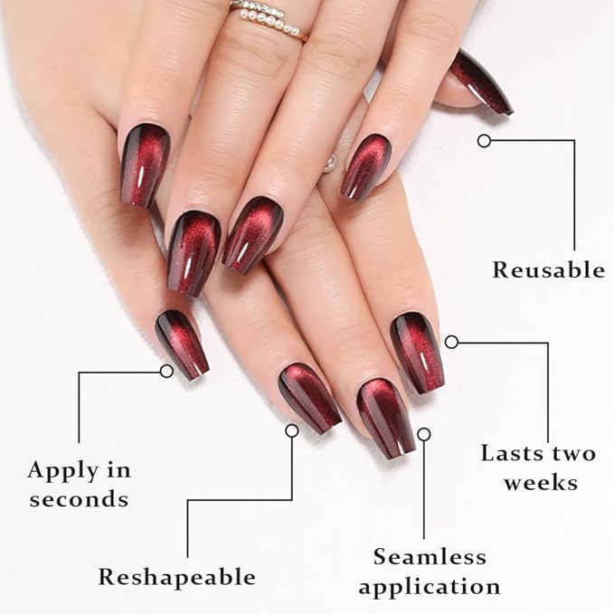 evpct Deep Burgundy Red Cat Eye Press on Nails Square Medium Coffin, Medium Square Glue on Nails for Women Gift, Dark Red Metallic Glitter Glossy Reusable Spring Summer Gel Press on Acrylic Fake Nail