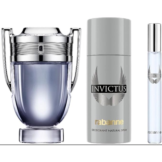 Paco Rabanne Invictus 3-Piece Gift Set for Men, (3.4 Oz Eau De Toilette Spray + 5.0 Oz Deodorant spray + 0.33 Oz Travel Spray)