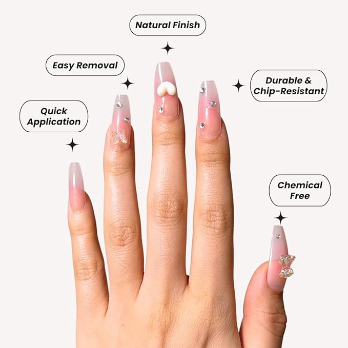 Perfect Look Press On Nails - Charm Love | No Glue One-Day Coffin Nails, Pink Ombre Fake Nails with 3D Bear Accents - 24 Pcs Nail Kit with Adhesive Tabs