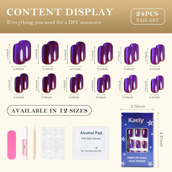 Cat Eye Purple Red Reflective Blue Press On Nails Medium Long Length Square, Designer Reusable Acrylic Fake Nail, Glossy Gel Nails Wedding Party, Stick Glue On Nail, Nails Press Ons for Women
