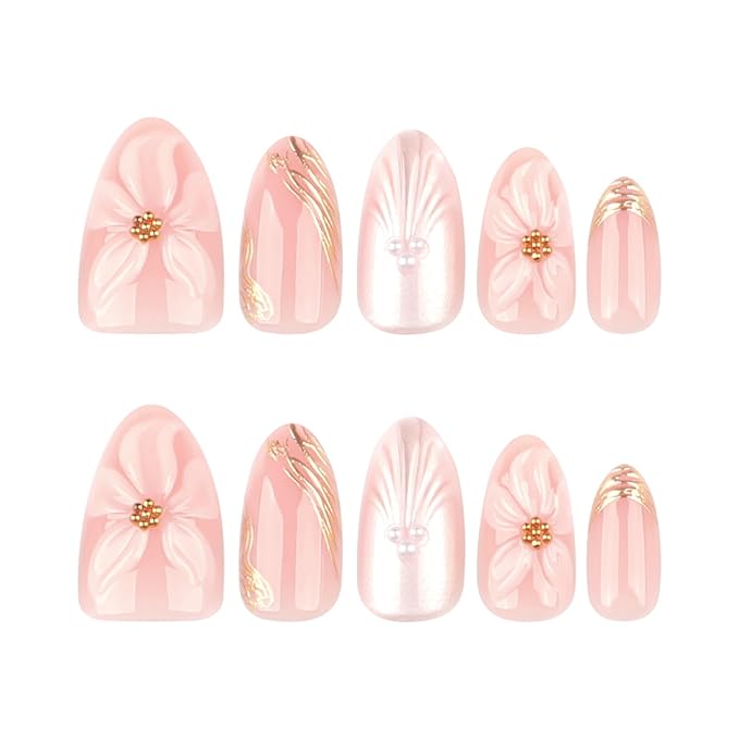 Short Press On Nails Almond – 3D Floral & Pearl Accent Nude Pink Fake Nails, 30Pcs Reusable Acrylic Stick On Nails with Gold Details, Glossy Soft Gel Look, DIY Manicure Kit for Women