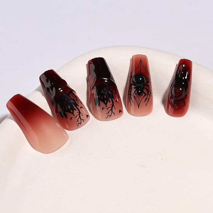 Halloween Coffin Press On Nails Medium Long, Blood Red Ombre Fake Nails with 3D Spider Embellishments, Blood Drip Effect & Haunted Castle Patterns Reusable fall Glue on Nails Kit for Women