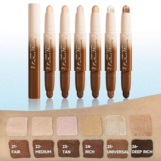 Nuetral Nude + Beige Contour Stick Dual Ended Face Body Makeup Waterproof no Transfer, 2 in 1 Cream Concealer Stick Contouring Makeup Kit, Nose Contour Bronzer Sticks Face Highlighter Make up