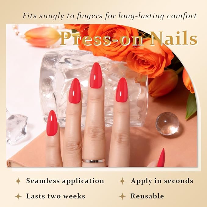 evpct Bright Red Medium Almond Glossy Press on Nails for Women Gift, Glossy Bright Red Fake Nail with Glue Manicure Kit, Soft Gel Full Cover Reusable Stick on Glue on Acrylic False Nails Perfectly Fit