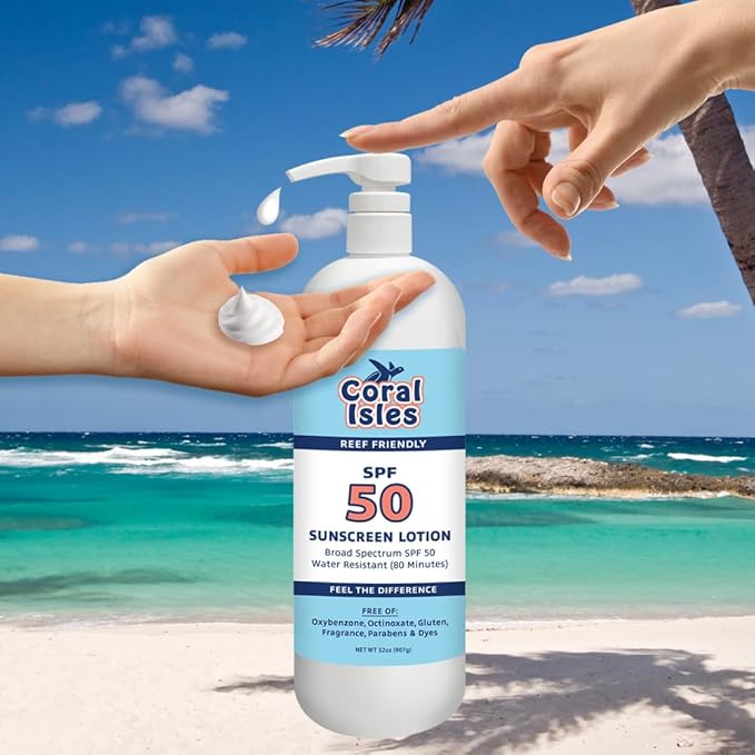 Coral Isles by Rocky Mountain Sunscreen | SPF 50 Lotion | Broad Spectrum UVA/UVB Protection | Hawaii Reef-Safe Act Compliant | Oxybenzone & Octinoxate Free | Water Resistant 80 Min. | 32 Fl Oz