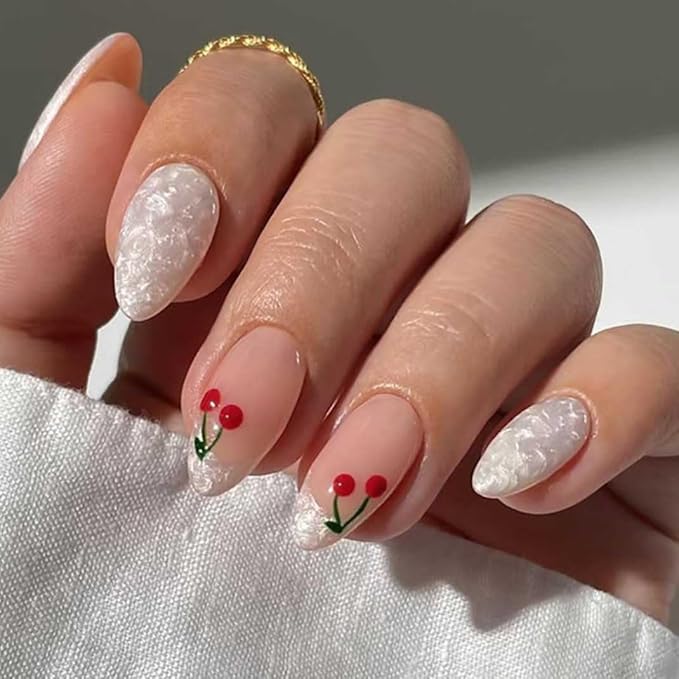 Almond Press-on Nails - Medium French Tips, Pink Glossy Full Cover Nails, 24 PCS/Set (Pink Cherry)