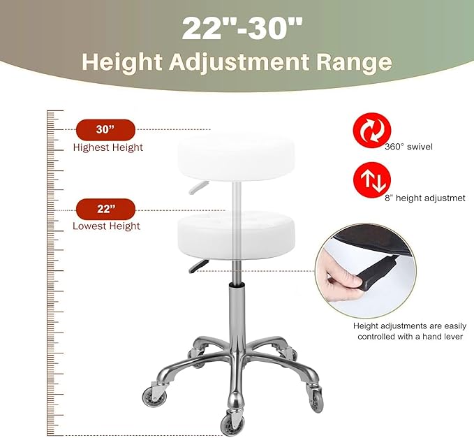 Kaleurrier Adjustable Rolling Stool for Salon: Heavy Duty Swivel Chair with Wheels for Hairdresser Esthetician Dentist - Spa Home Office Kitchen Dental Tattoo Shop Use - Seat Height 22”-30” - White