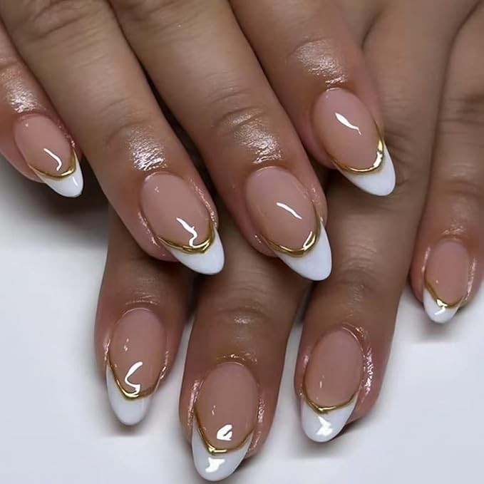 White French Tip Press on Nails Short Almond Fake Nails with 3D Gold Line Design Stick on Nails Nude False Nails Reusable Full Cover Acrylic Glue On Nail for Women Nail Art Decoration 24Pcs