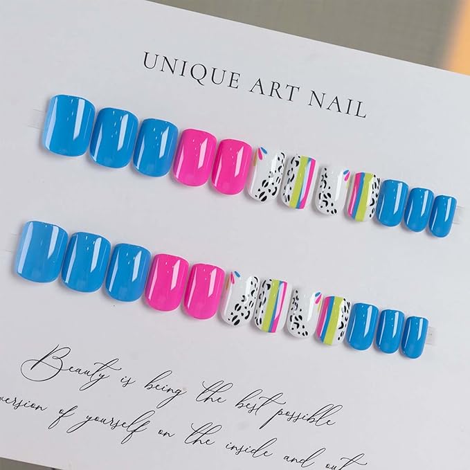 24Pcs Summer Press On Nails Short Square Fake Nails Colorful Line With Leopard Print Design Pink False Nails Blue Glue On Nails Full Cover Artificial Nails Stick On Nails For Women