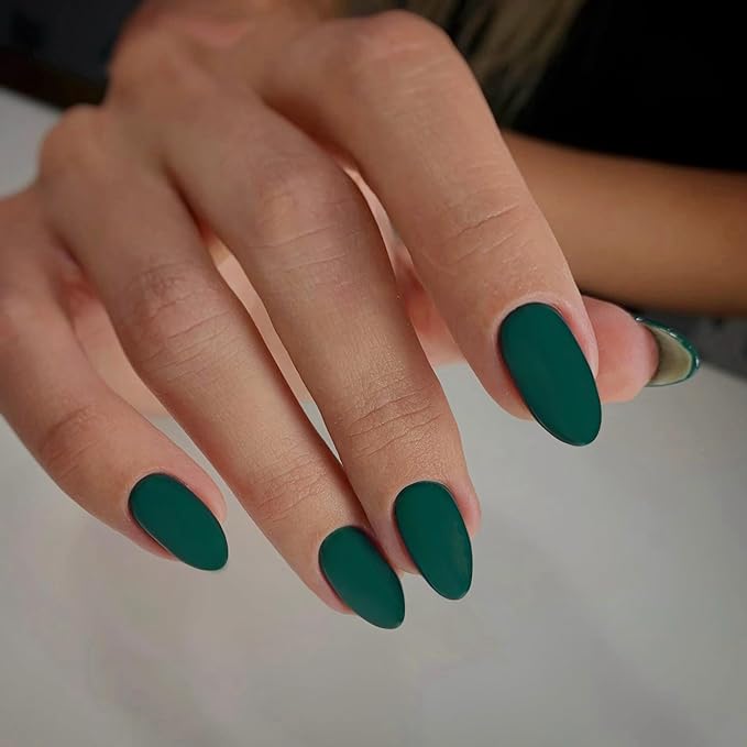 Matte Dark Green Press on Nails Short Almond Fake Nails Press ons, Thick Solid Color Glue on Nails Short False Nails, Medium Almond Nails Oval Round Shaped Nails for Women, Natural Acrylic Gel Nails