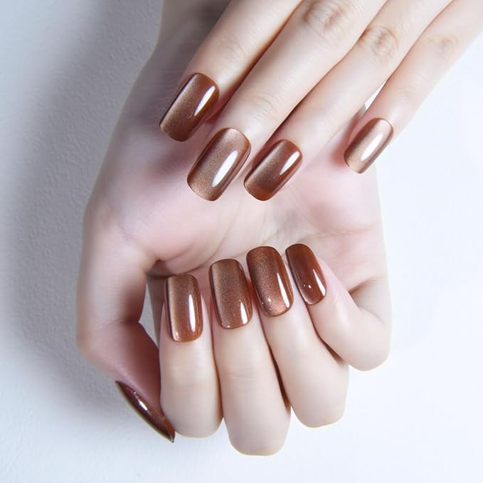 Cat Eye Nude Brown Press On Nails Medium Long Length Square, Designer Reusable Acrylic Fake Nail with Glue, Glossy Gel Nails Wedding Party, Stick On Glue On Nail, Nails Press Ons for Women
