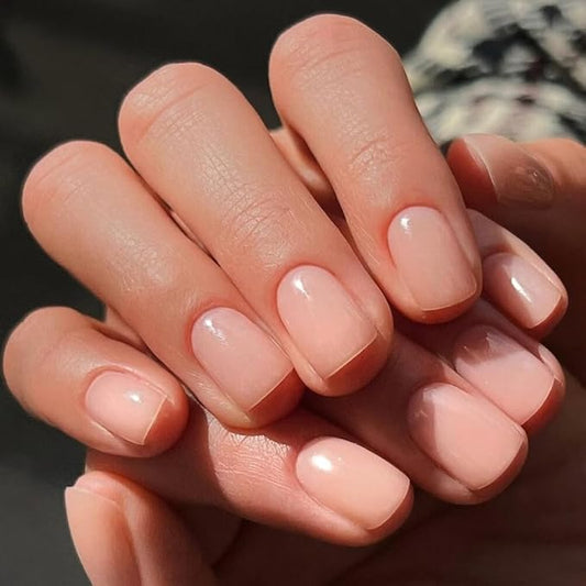 Natural Nude Short Square Press on Nails,KQueenest Glossy Light Color Real Glue on Nails,Finger Nails Press on,Elegant Fake Nails Stick on Nails for Women Daily wear in 24PCS