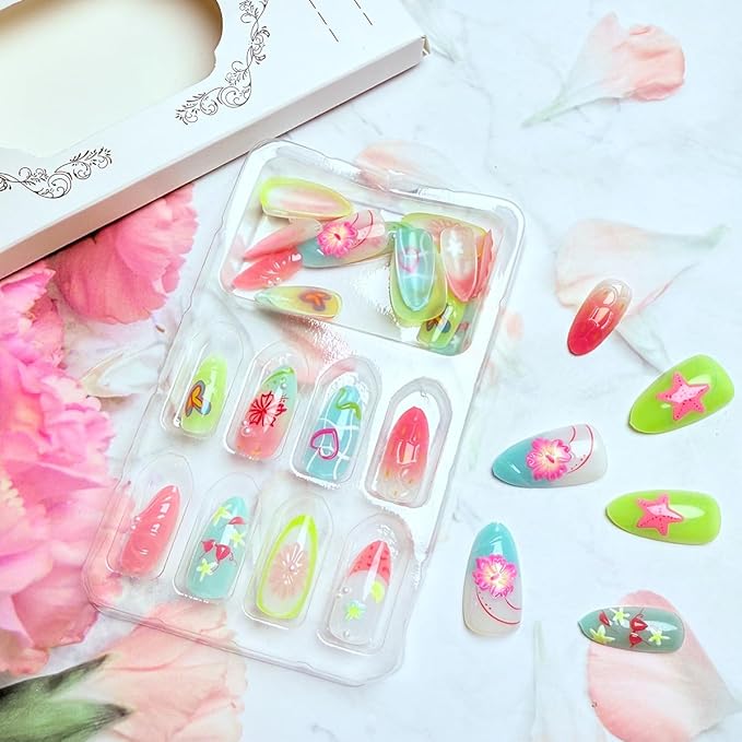 Summer Press on Nails Medium Almond Fake Nails Ocean Beach Nails Design 3D Colorful Flower False Nails Pearl Starfish Butterfly Artificial Acrylic Nails Glossy Full Cover Glue on Nails for Women 30Pcs