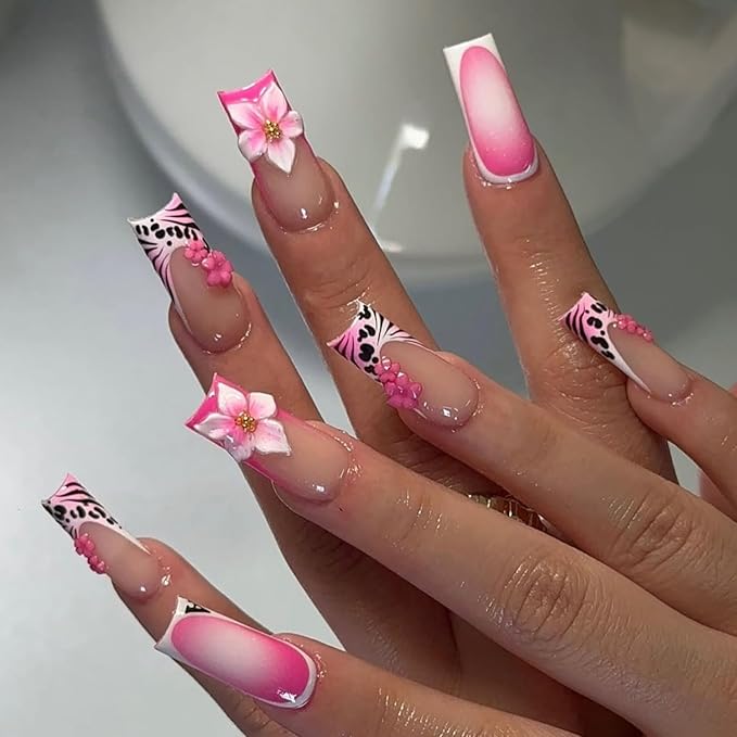 24Pcs French Tip Press on Nails Medium Fake Nails Leopard Pink Flower Nail Designs Cute Leopard Nails Press ons 3D Flower Charms Artificial Glue on Nails Full Cover Acrylic Nails for Women