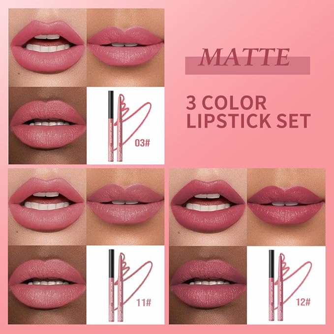 Matte Lip Liner Pencil Set 3 Pack, Long-Lasting Waterproof Lip Liners, Smudge-Proof and High Pigment Lip Liner Kit, Smooth Application for Defining & Shaping Lips, Non-Fading Matte Finish-2#