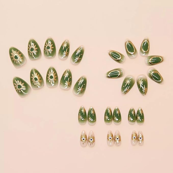 Almond Press on Nails Green Ombre Fake Nails with Gold Star Sun Designs Medium Length Artificial Nails Gradient Celestial Sparkles Stick on Nails for Women Girls, 24Pcs