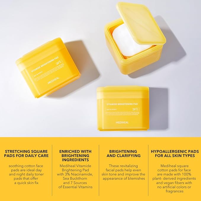 (Only Refill) Mediheal Vitamide Brightening Pad (100 Pads) - Radiance Boosting Pads for Clear, Illuminating Skin - Vegan Gauze Pad