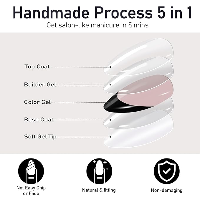 Short Almond Press On Nails Black French Nail Tips with Glue & Gule Remover Reusable 15 Sizes-30 Fake Nail kit for Woman