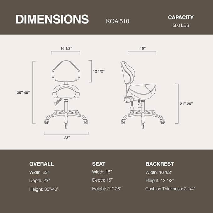Pneumatic Swivel Rolling Saddle Chair with Wheels and Ergonomic Back Support for Hair Stylist, Dental Hygienist, Hygienic Clinic, Spa, Massage, Home, Office - 510 KOA (Black, Standard)