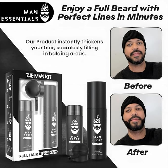 THE MAN KIT | Hair Set - Hair Thickening Fibers (Black), Hair Fiber Locking Spray + Applicator Fiber Pump to create Natural looking Fuller Hair and Beard | Man Card Included.