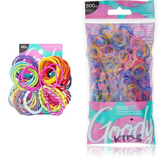 Goody Kids 60 Count Ouchless Elastic Hair Ties, Brights or Pastels + 500 Count Assorted Color Polybands