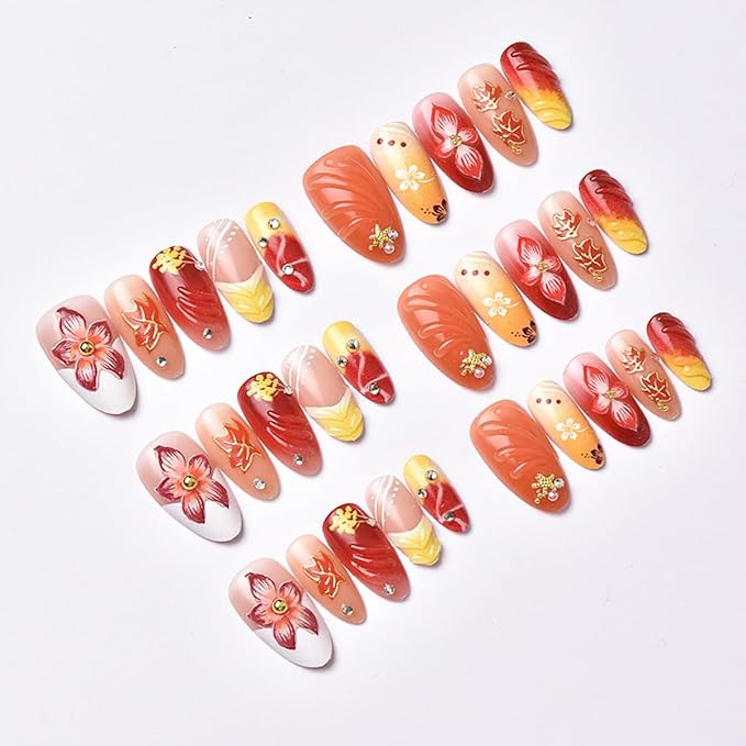 30Pcs Fall Press on Nails Almond Medium Fake Nails with Pearl Design Autumn Winter False Nail 3D Flower Red Maple Leaf Acrylic Glue on Nails Star Charms Full Cover Thanksgiving Nail Art Decorations