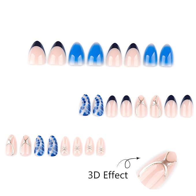 Blue Press On Nails Almond Shape 24pcs, Gradient Ombre False Nail with Star Design, 3D Pattern Medium Length Fake Nails, Glossy Stick On Nail Reusable Acrylic Glue On Nails Kit for Women