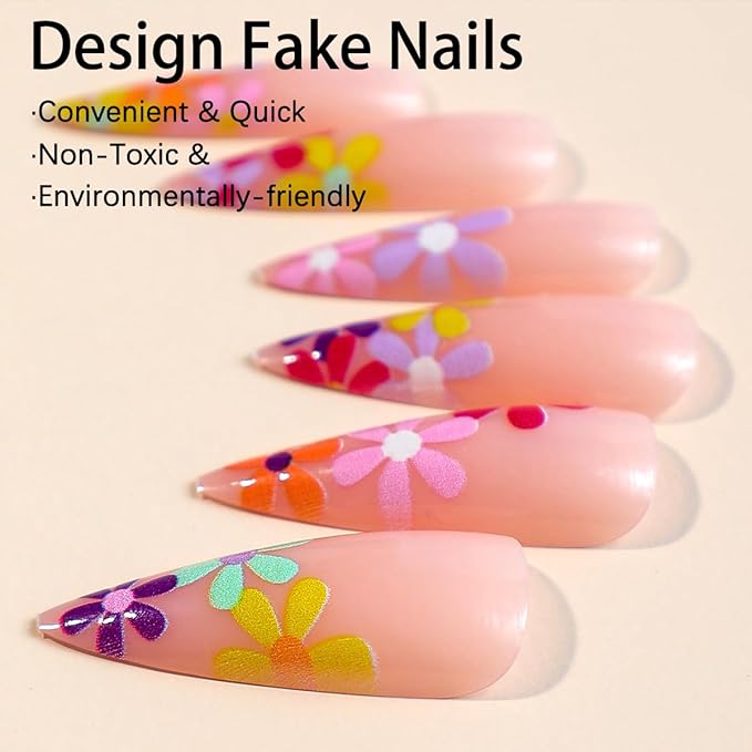 24 Pcs Nude Pink Press on Nails Long Stiletto With Daisy Flower Tips - Glue on Colorful Dopamine Exquisite Design Glossy Acrylic Almond False Nails for Women Summer Nail Art