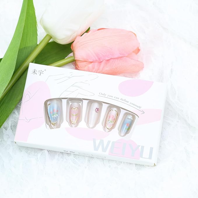 24pcs Pink Press on Nails Short Almond Fake Nails with Pearl Rhinestones Designs Flower False Nails Gold Line Stick on Nails Bow Acrylic Nails Summer Floral Full Cover Glue on Nails for Women