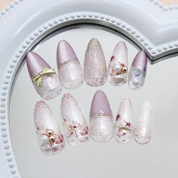 24Pcs Purple Press on Nails Medium Almond Fake Nails 3D Bow Pearl with Flower Glitter Design Full Cover Tip Stick on Nails Artificial Floral Glue on Nails Spring False Nails for Women Acrylic Nails