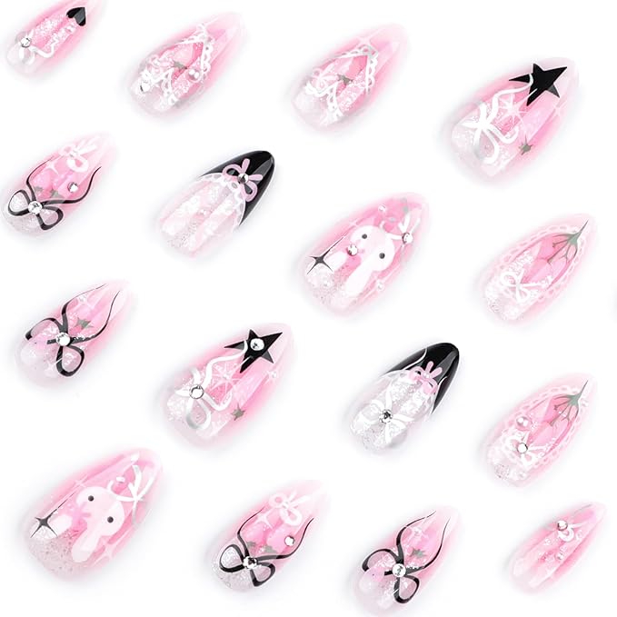IMRAIN Press on Nails Medium Almond Fake Nails Pink Ombre Acrylic Gel False Nails with Cute Rabbit & Bow Designs Black French Nail Supplies Glossy Glitter Glue on Nails Y2K Stick on Nails 24Pcs
