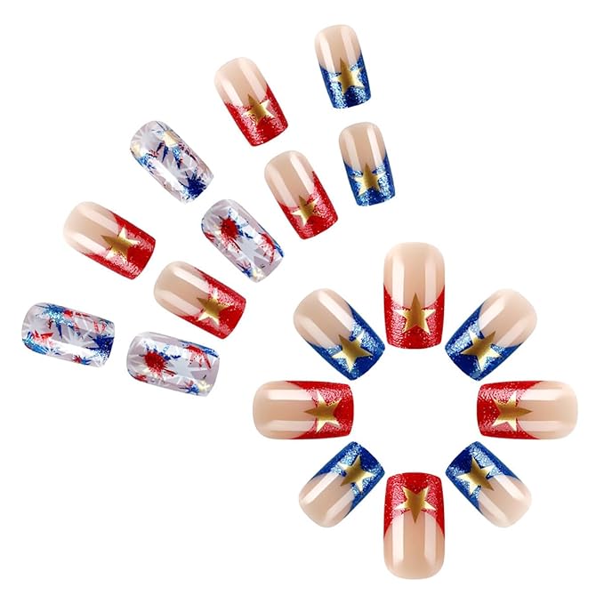 Fourth of July Press on Nails Independence Day Fake Nails French Tip False Nails Red Blue Fireworks with Star Design Glitter Stick on Nail Full Cover Acrylic Glue on Nail for Women Decor Manicure