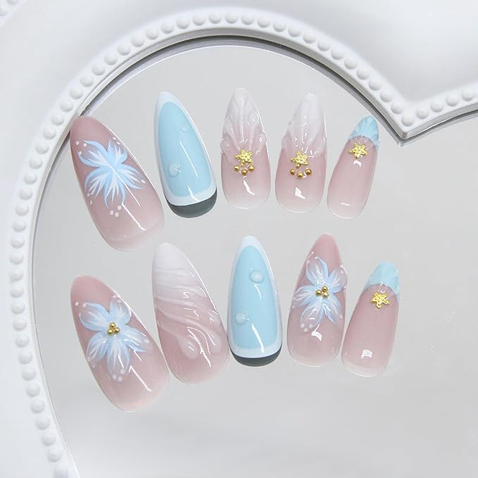 24Pcs Blue Summer Press on Nails Medium Almond Fake Nails with Gold Beads Starfish Glue on Nails 3D Flower Acrylic Nails Ocean Beach False Nails French Tip Stick on Nails for Women Nail Art Designs