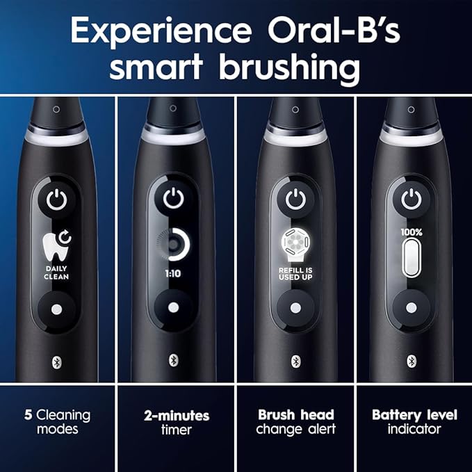 Oral-B iO Series 6 Rechargeable Electric Toothbrush with Visible Pressure Sensor to Protect Gums, 2 Minute Timer, 5 Cleaning Settings, 1 Replacement Toothbrush Head, and Travel Case, Black