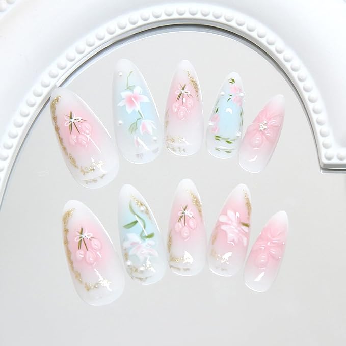 24Pcs Blush Pink Press on Nails Light Flower Glitter Medium Almond Fake Nails Handmade Almond Light Blue False Nails Flower Designs Stick on Nails Summer Woman Manicure