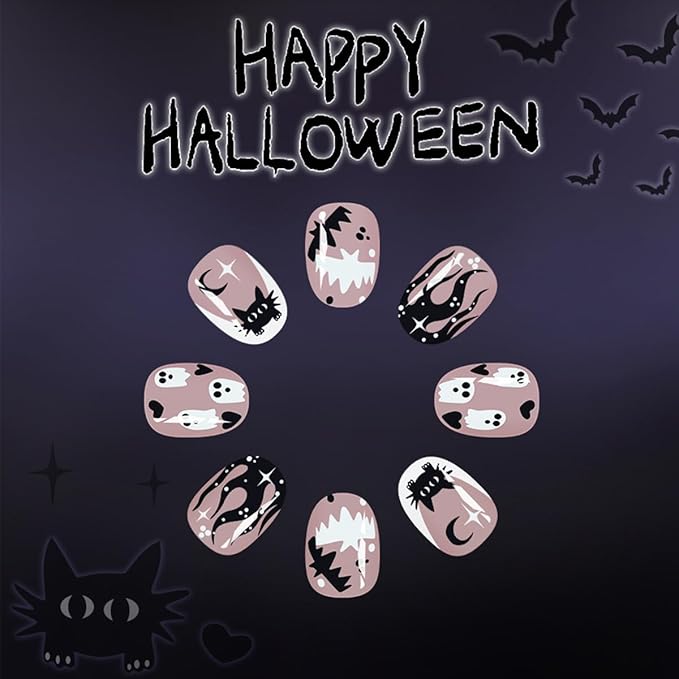 24Pcs Short Almond Press on Nails Halloween Fake Nails with Cute Ghost & Black Cat Bat Designs French Tip Glue on Nails Petite Almond Shaped Acrylic Nails Glossy Nude Full Cover False Nails for Women