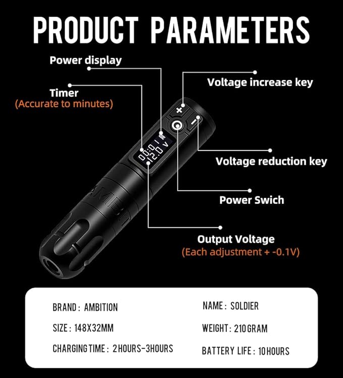 Ambition Soldier Rotary Battery Pen Tattoo Cartridge Machine with 2400mAh Wireless Power Japan Coreless Motor Digital LED Display Tattoo Equipment Supply for Professionals and Beginners Tattoo Artists