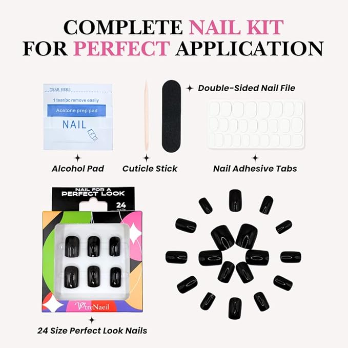 Perfect Look Press On Nails - Black Mirror | No Glue One-Day Short Square Nails, Glossy Jet Black Fake Nails with Gloss Finish - 24 Pcs Nail Kit with Adhesive Tabs