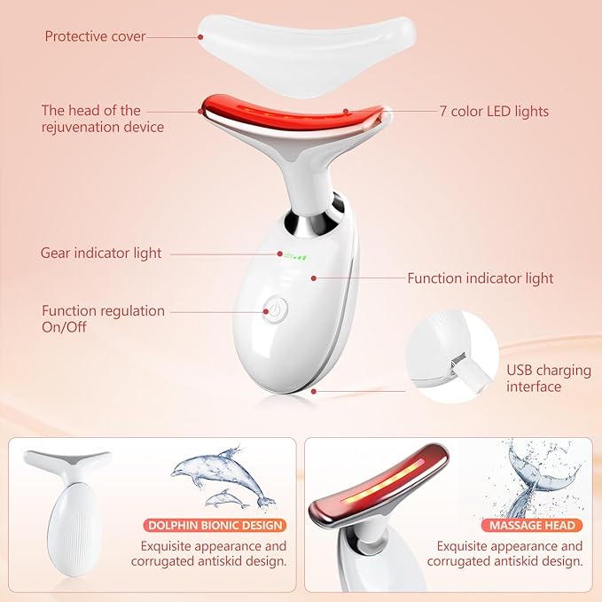 2025 New Face and Neck Massager Tool, 7 Colors LED Womens Skin Care Facial Massager for Skin Rejuvenation, Lifting, Toning, Glow Boost-White