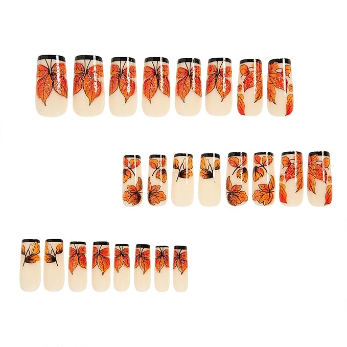 24 Pcs Black French Tips Press on Nails Medium Square Fall Fake Nails with Glitter Leaf Designs Maple Leaves Autumn Nail Art Full Cover Glue on Nails Glossy Reusable Artificial Acrylic Nails for Women