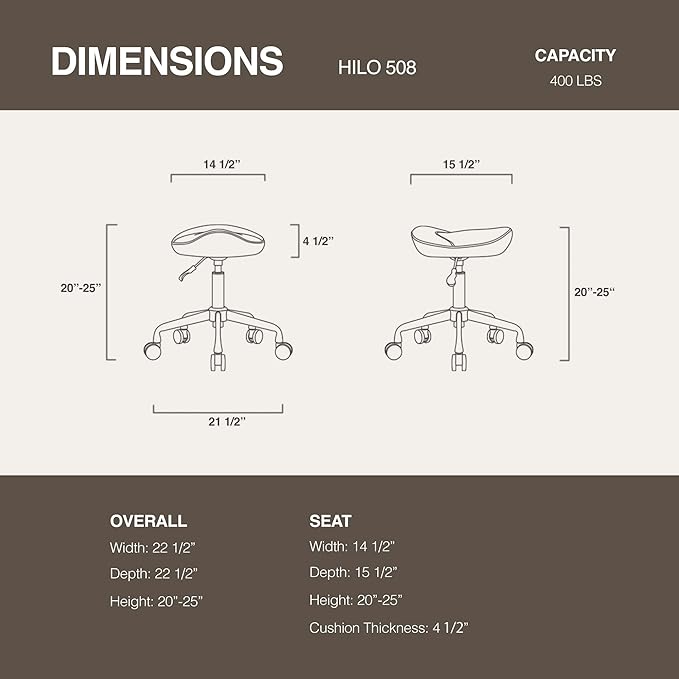 Ergonomic Saddle Seat Adjustable Pneumatic Hydraulic Drafting Swivel Rolling Stool Chair for Medical Hygienic SPA Massage Salon Home and Office - Hilo 508 (Black, Standard)
