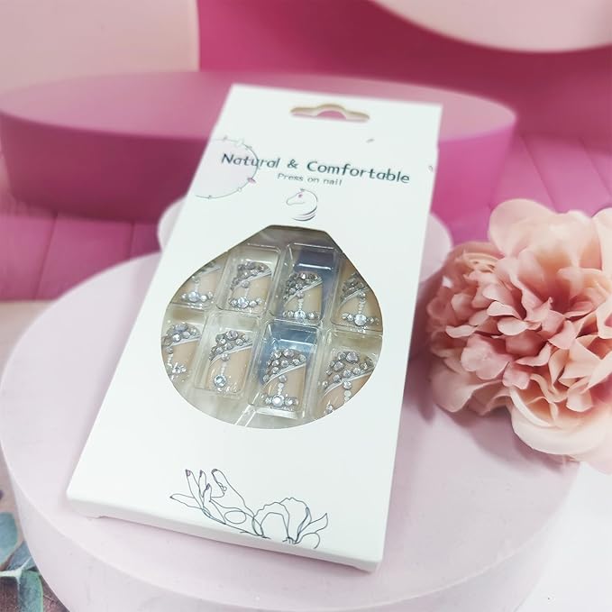 24Pcs White Curve Line Press on Nails Medium Square Acrylic Full Cover False Nails Rhinestones Stick on Nails Glossy Silver Glitter Fake Nails Crystal Gel Glue on Nails for Coquette Women Girls